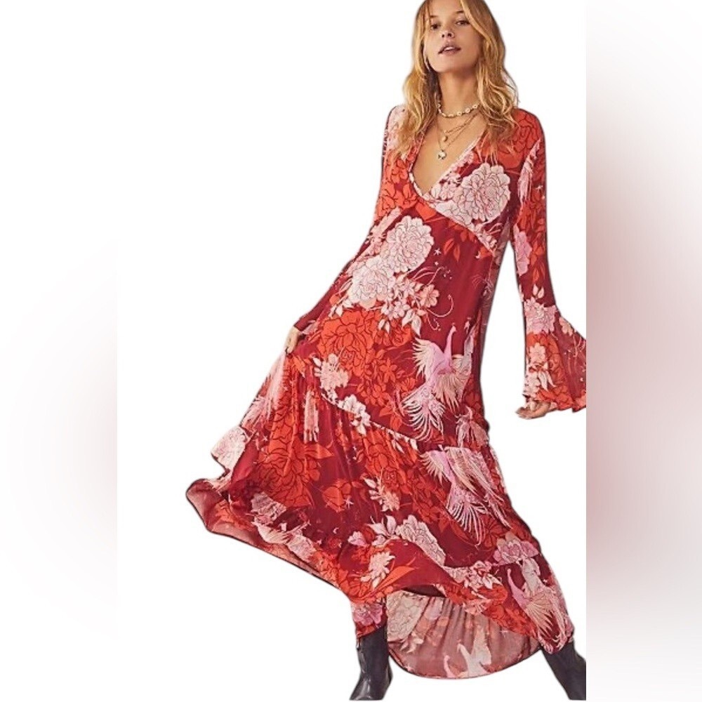 NWT FREE PEOPLE Moroccan Roll Floral Maxi Dress V-Neck Bell Sleeve Party Wedding
